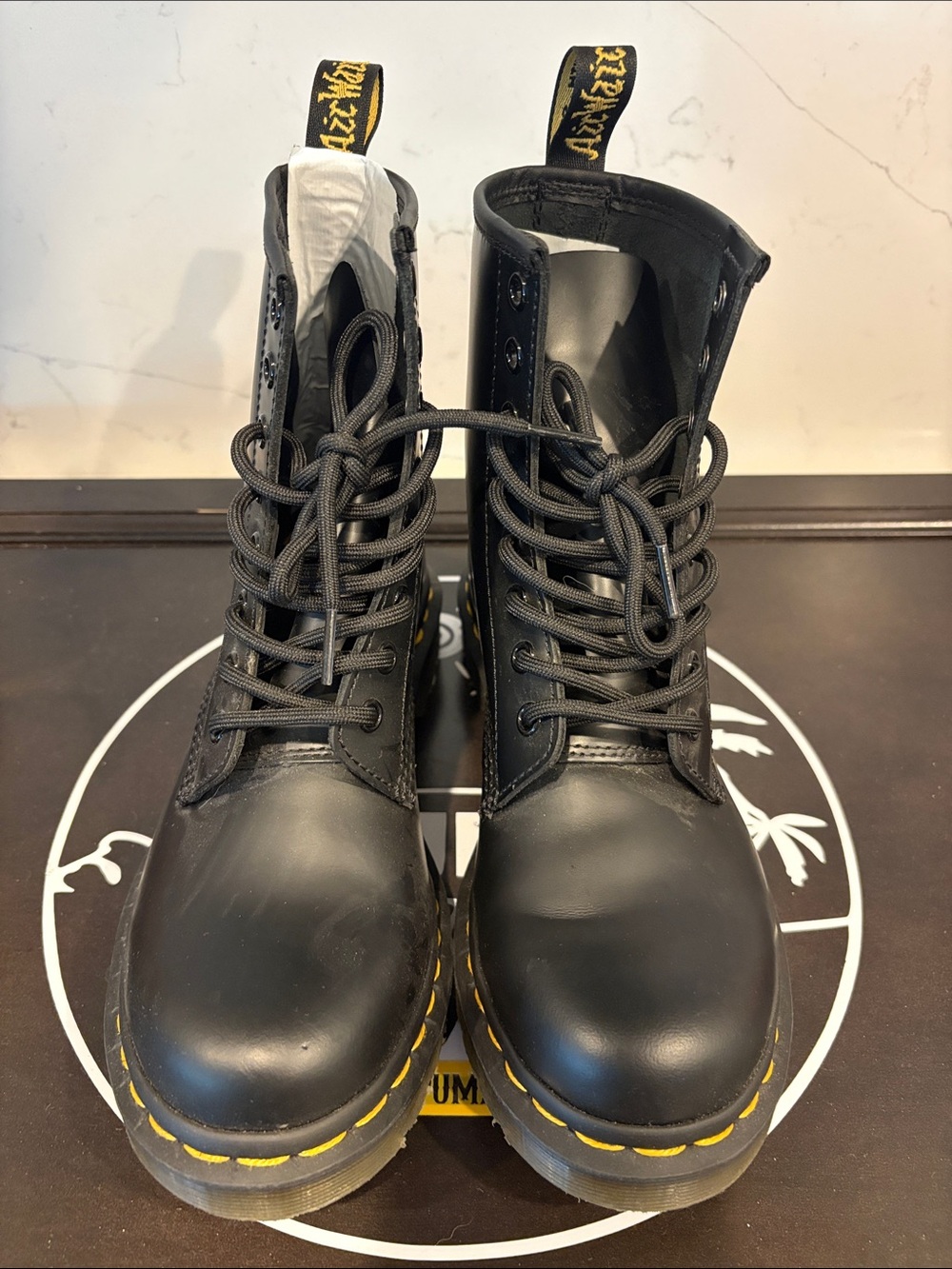 Dr. Martens Black Leather Lace-Up Boots with Yellow Heel Loop